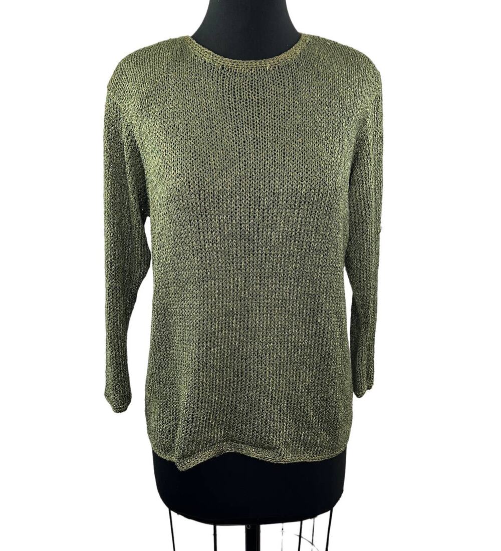 Vintage Ann McKenna Green Crochet Sweater Back Button Crew Long Sleeve Pullover